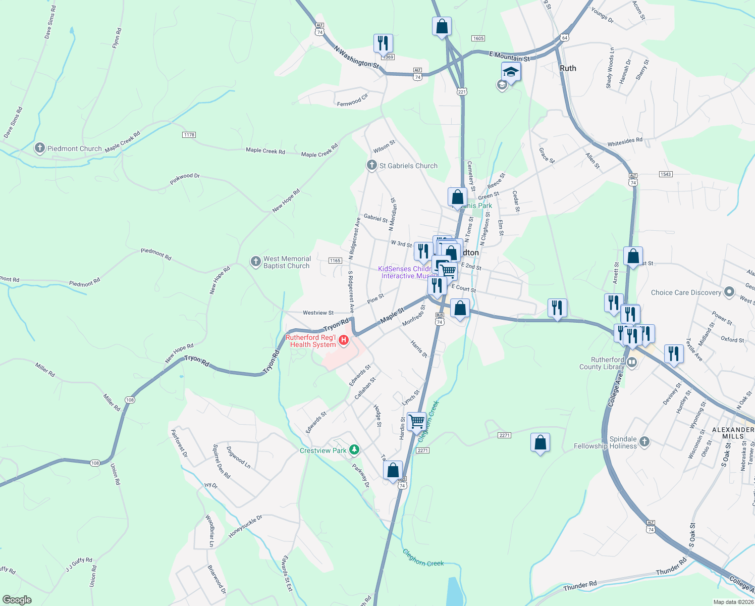 map of restaurants, bars, coffee shops, grocery stores, and more near 167 Pine Street in Rutherfordton
