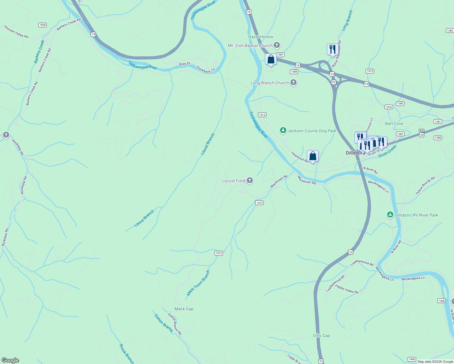 map of restaurants, bars, coffee shops, grocery stores, and more near 167 Eagles Ridge Road in Sylva