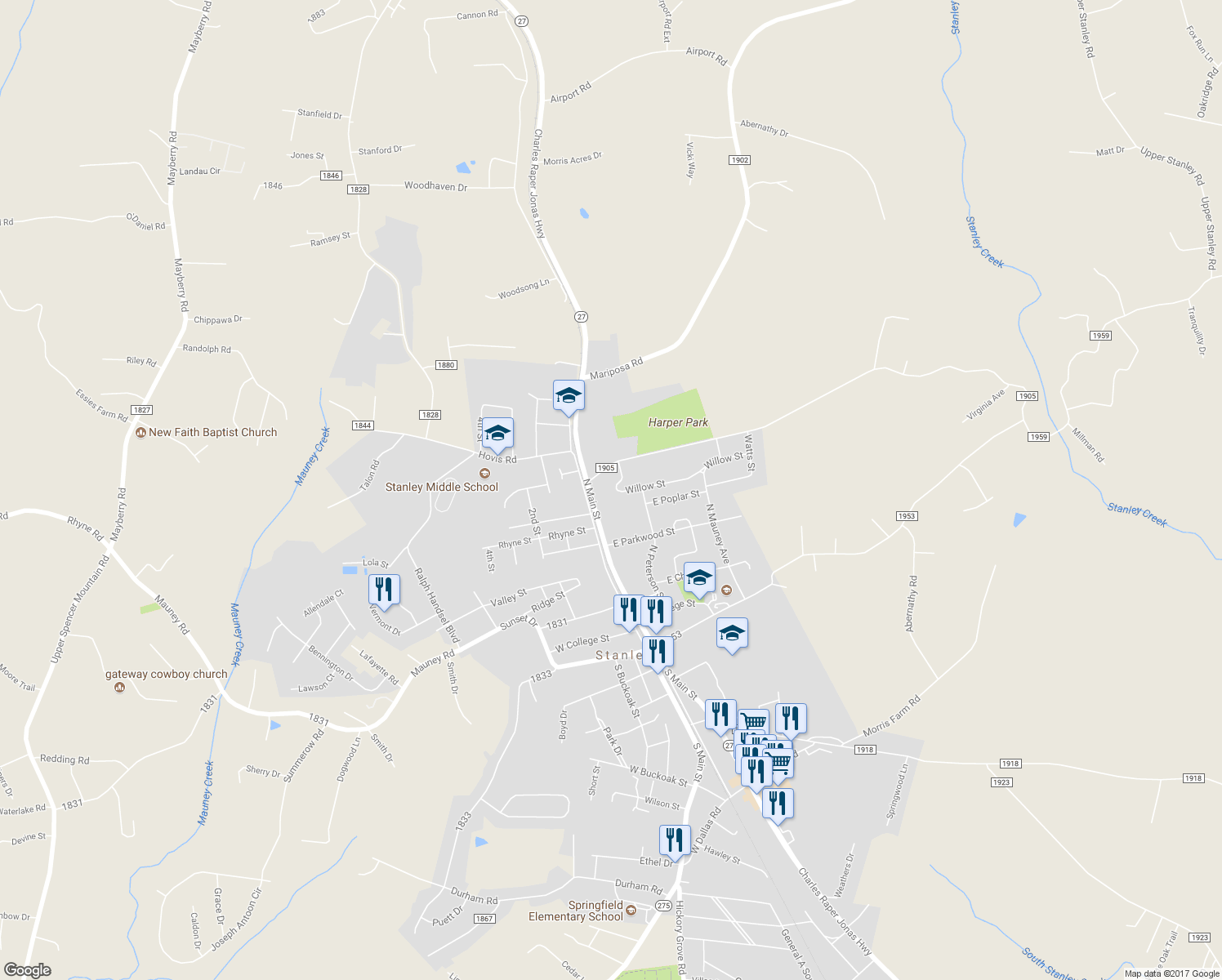 map of restaurants, bars, coffee shops, grocery stores, and more near 118 Willow Street in Stanley