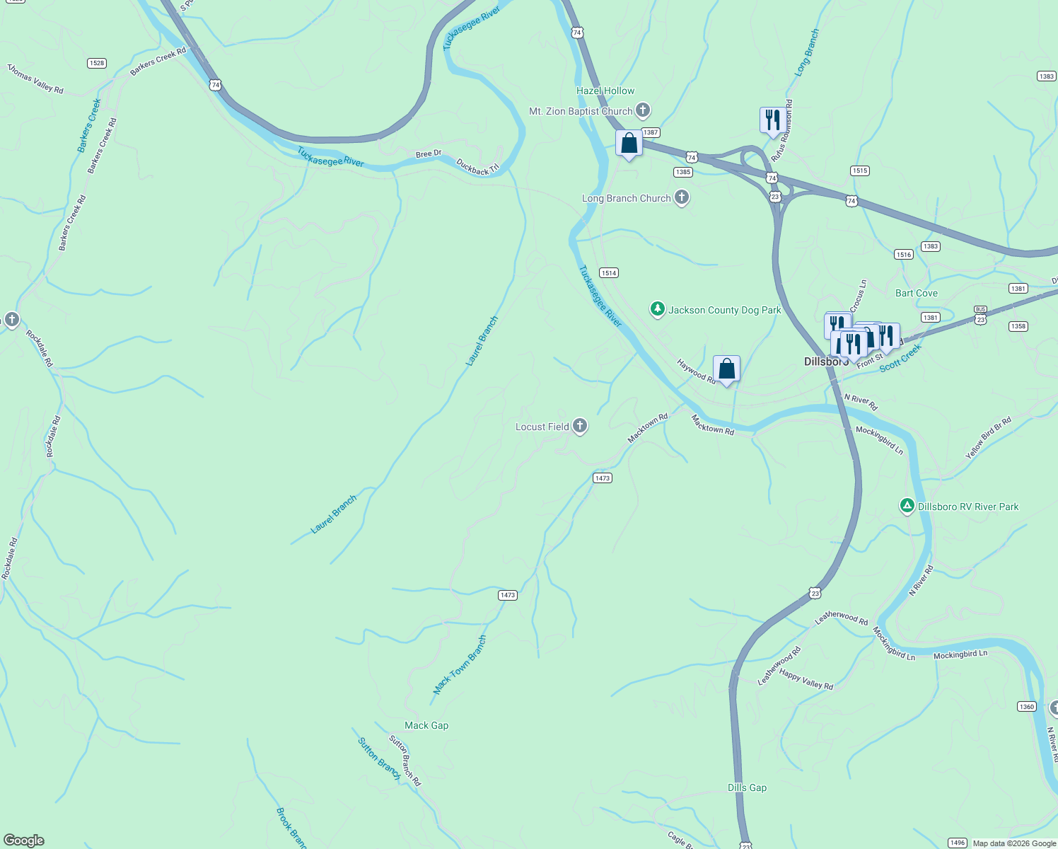 map of restaurants, bars, coffee shops, grocery stores, and more near 167 Eagles Ridge Road in Sylva