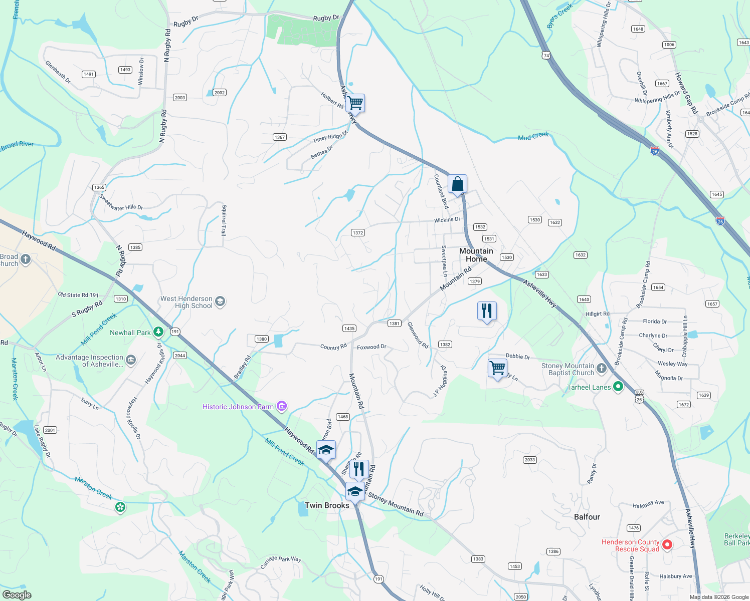 map of restaurants, bars, coffee shops, grocery stores, and more near 123 Crows Nest Road in Hendersonville