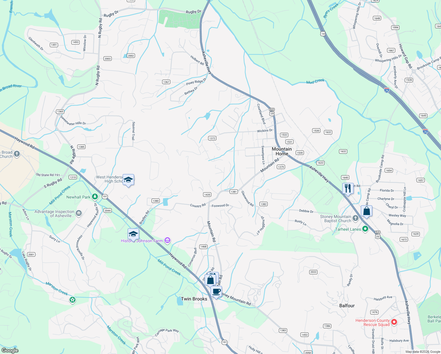 map of restaurants, bars, coffee shops, grocery stores, and more near 123 Crows Nest Rd in Hendersonville
