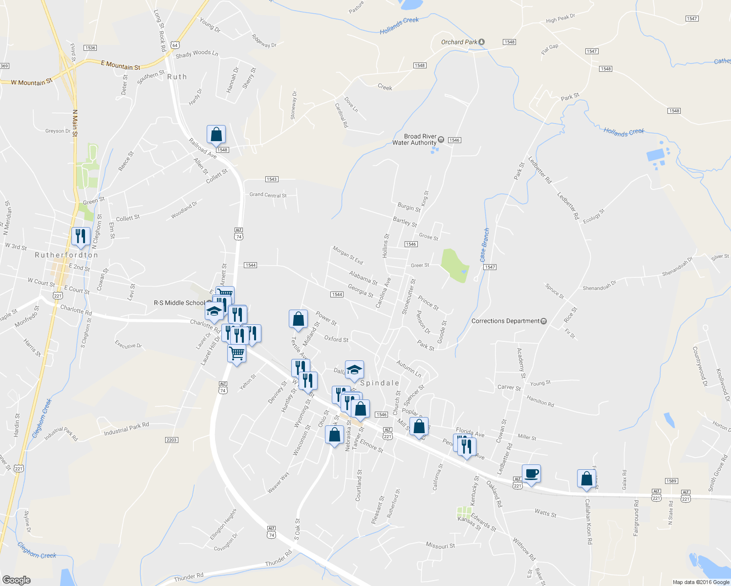 map of restaurants, bars, coffee shops, grocery stores, and more near 298 Georgia Street in Spindale