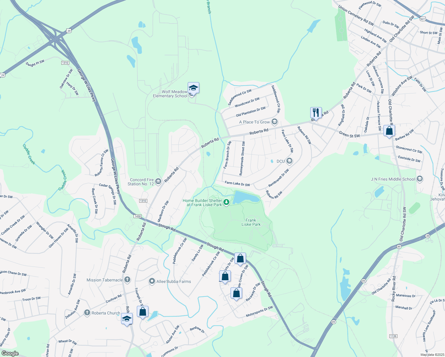 map of restaurants, bars, coffee shops, grocery stores, and more near 1264 Farm Branch Drive Southwest in Concord