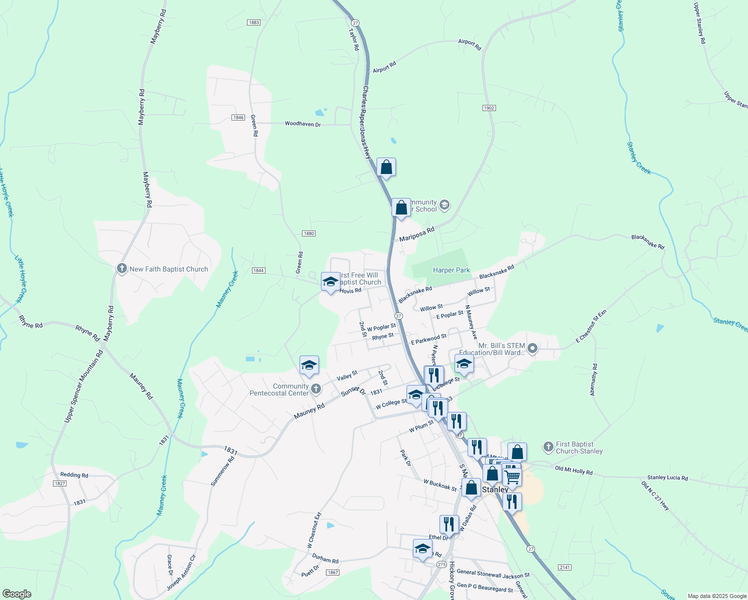 map of restaurants, bars, coffee shops, grocery stores, and more near 524 North Buckoak Street in Stanley