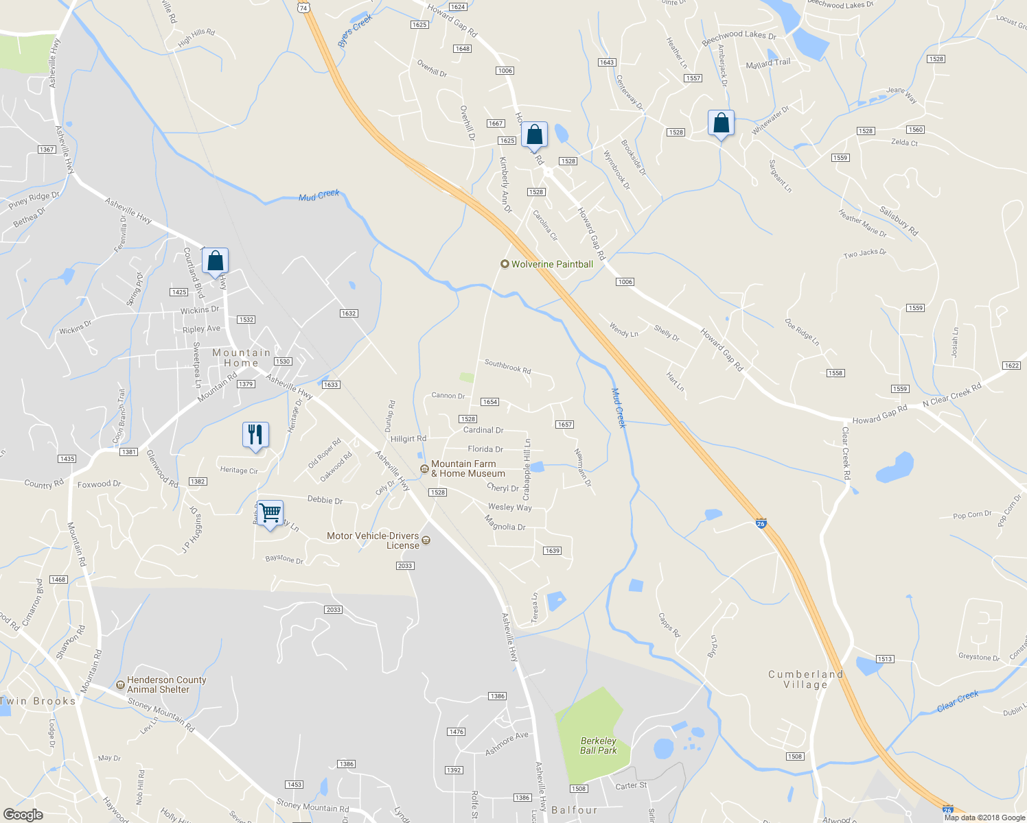 map of restaurants, bars, coffee shops, grocery stores, and more near 27 Poplar Court in Hendersonville