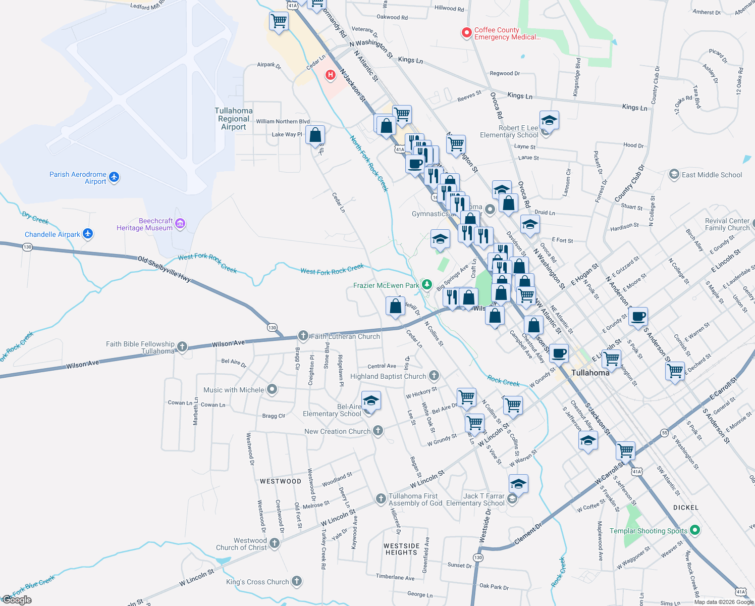 map of restaurants, bars, coffee shops, grocery stores, and more near 904 1st Avenue in Tullahoma