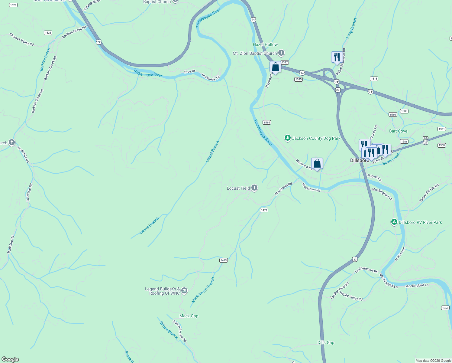 map of restaurants, bars, coffee shops, grocery stores, and more near 28B Eagles Ridge Road in Sylva