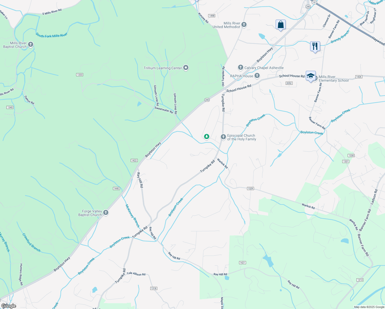 map of restaurants, bars, coffee shops, grocery stores, and more near 282 Wilderness Drive in Horse Shoe