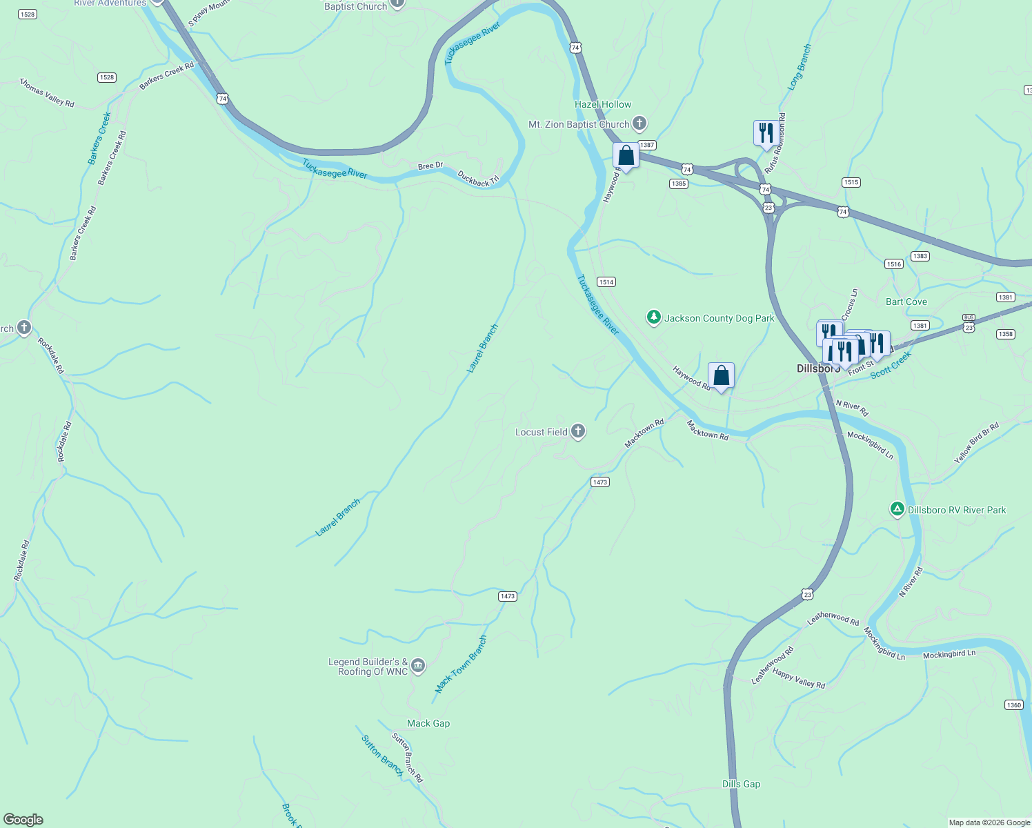 map of restaurants, bars, coffee shops, grocery stores, and more near 28B Eagle Ridge in Sylva