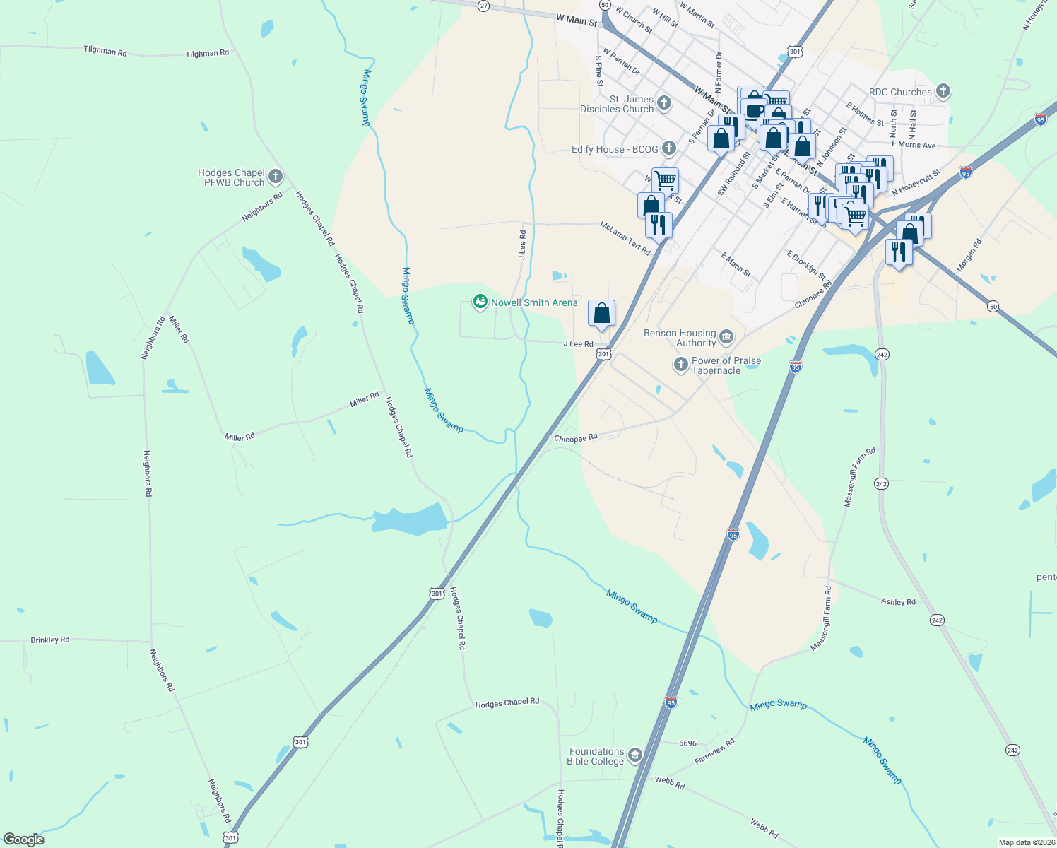 map of restaurants, bars, coffee shops, grocery stores, and more near 1002 U.S. 301 in Benson