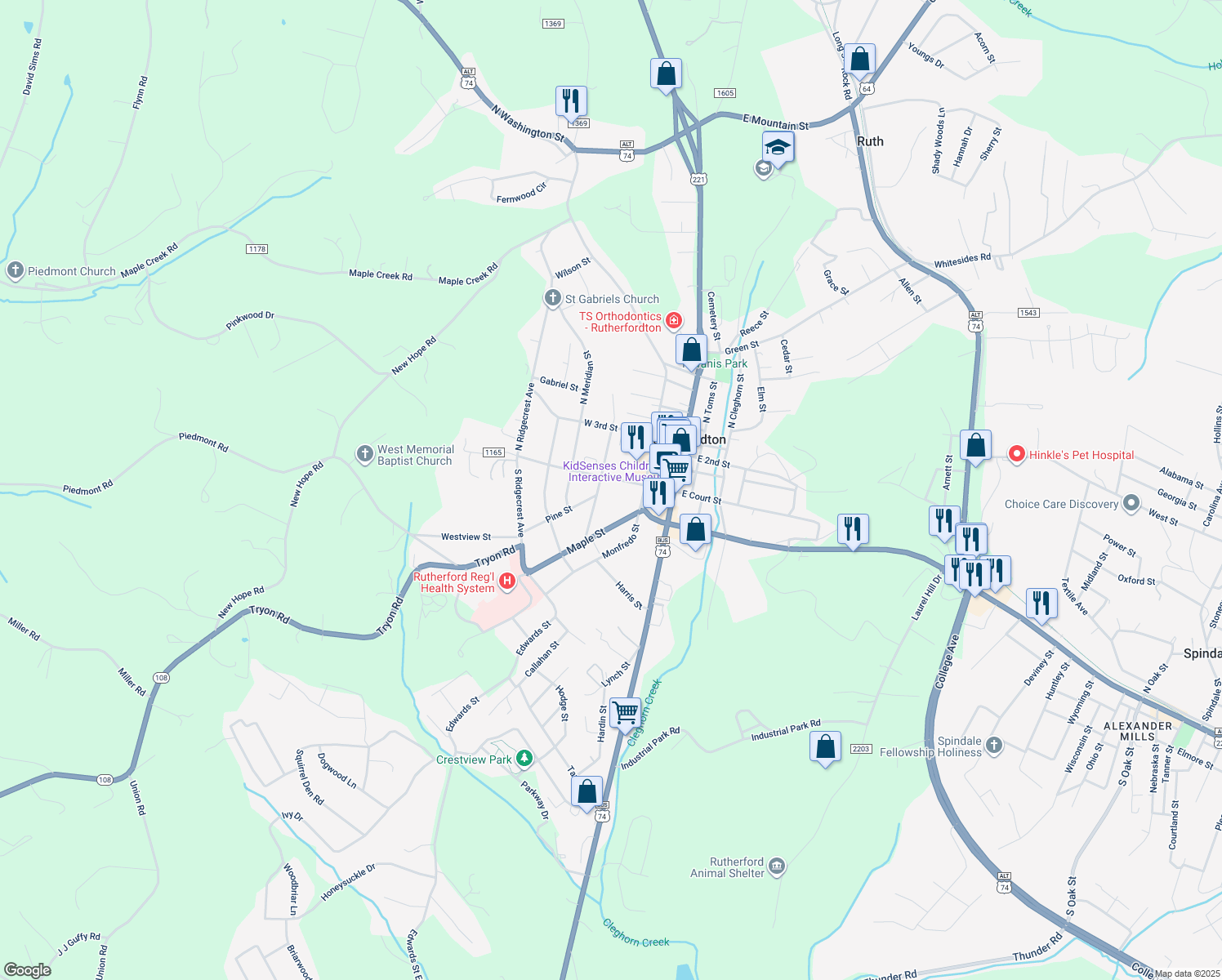 map of restaurants, bars, coffee shops, grocery stores, and more near 197 West Court Street in Rutherfordton