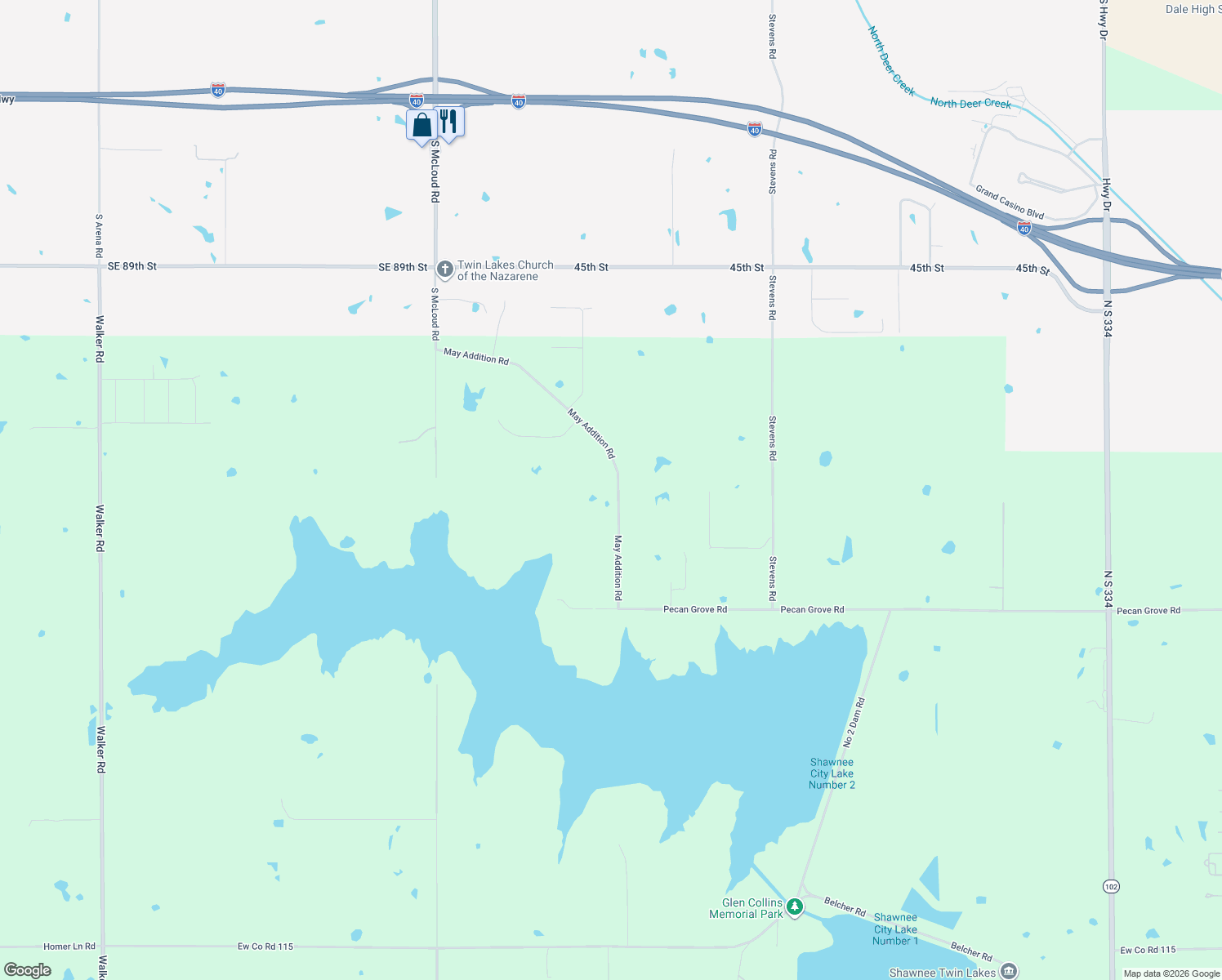 map of restaurants, bars, coffee shops, grocery stores, and more near 13602 May Addition Road in Shawnee