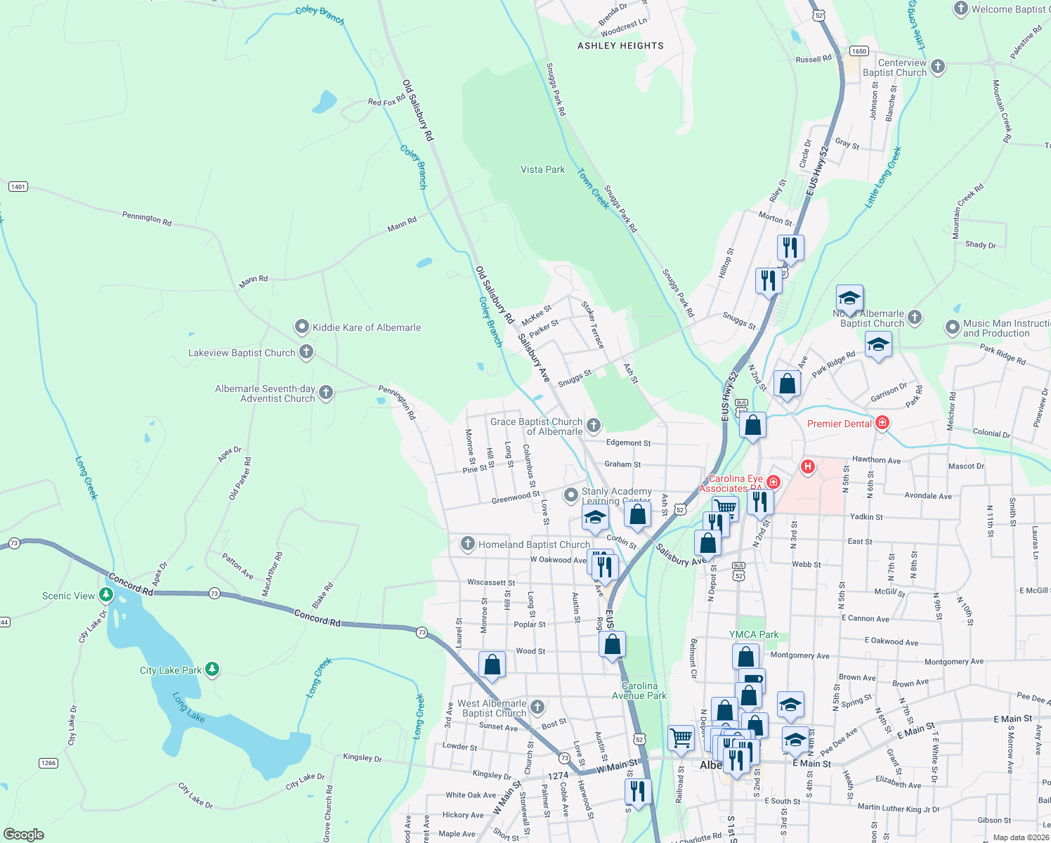 map of restaurants, bars, coffee shops, grocery stores, and more near 1400 Columbus Street in Albemarle