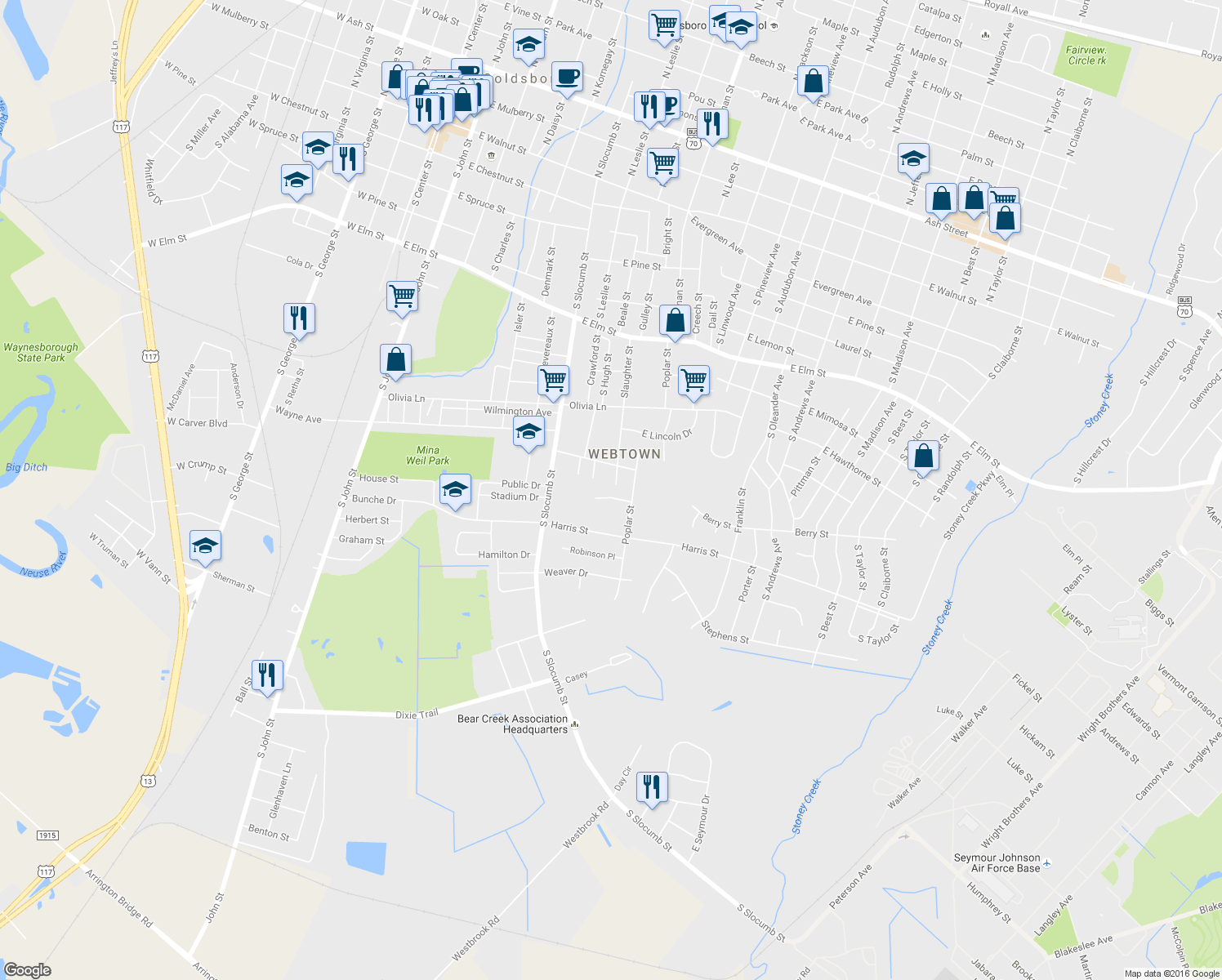 map of restaurants, bars, coffee shops, grocery stores, and more near 809 Westview Court in Goldsboro