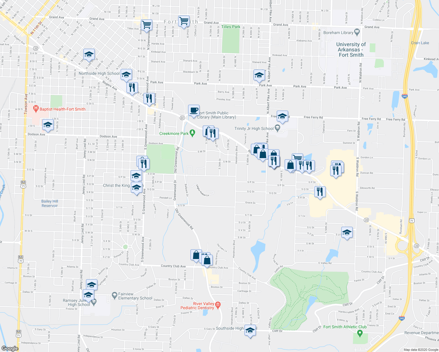 map of restaurants, bars, coffee shops, grocery stores, and more near South 36th Street in Fort Smith
