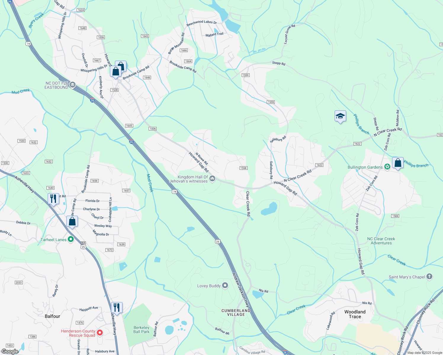 map of restaurants, bars, coffee shops, grocery stores, and more near 2344-2412 Howard Gap Road in Hendersonville
