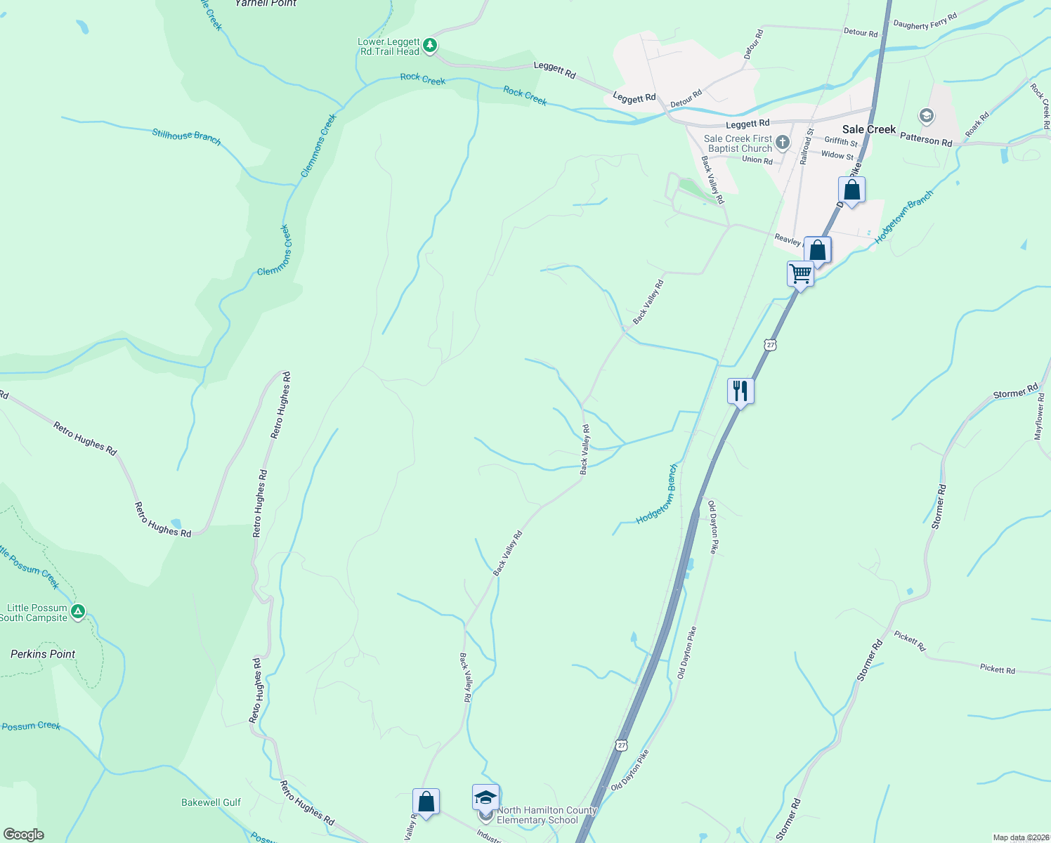 map of restaurants, bars, coffee shops, grocery stores, and more near 408 Back Valley Road in Sale Creek