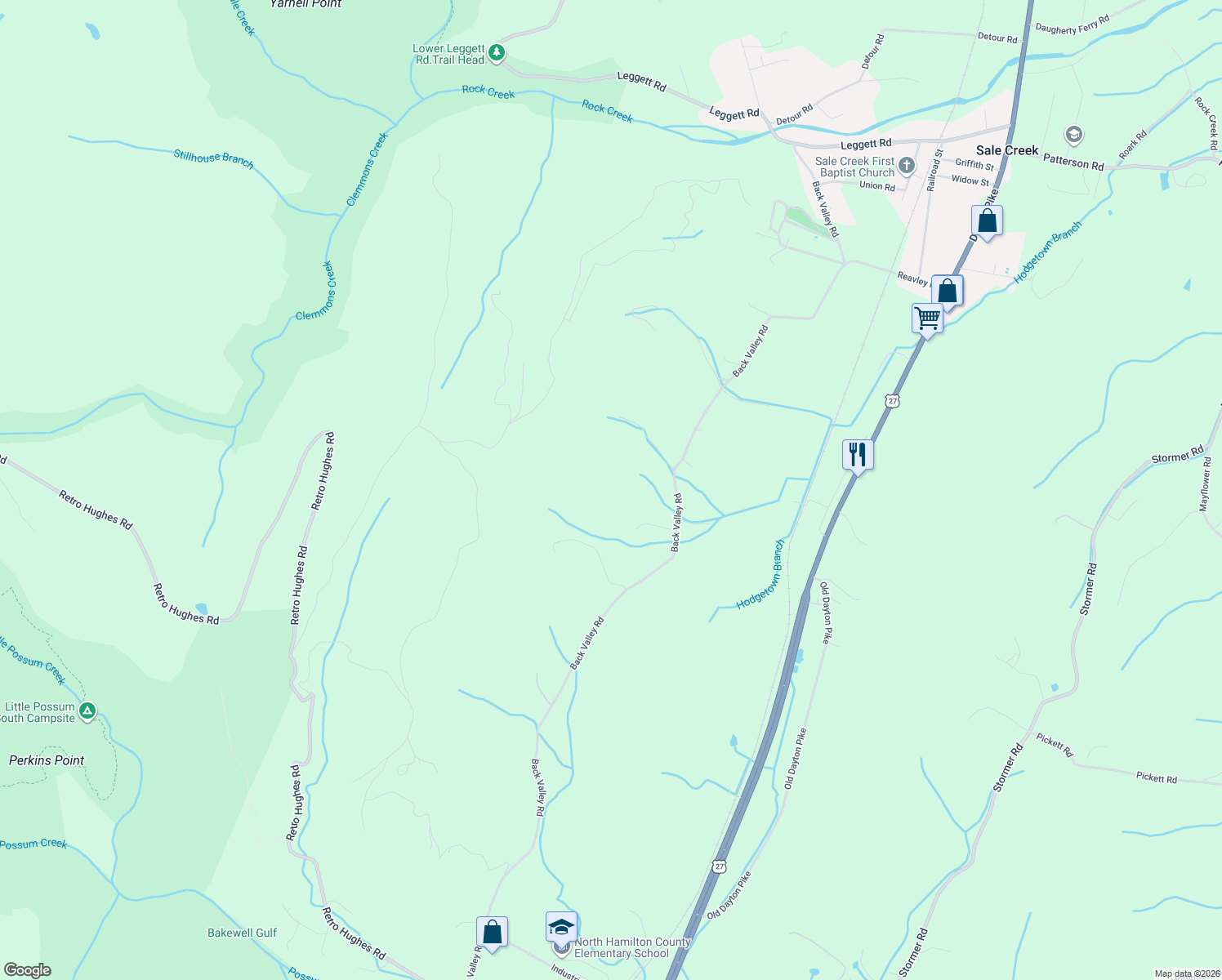 map of restaurants, bars, coffee shops, grocery stores, and more near 408 Back Valley Road in Sale Creek
