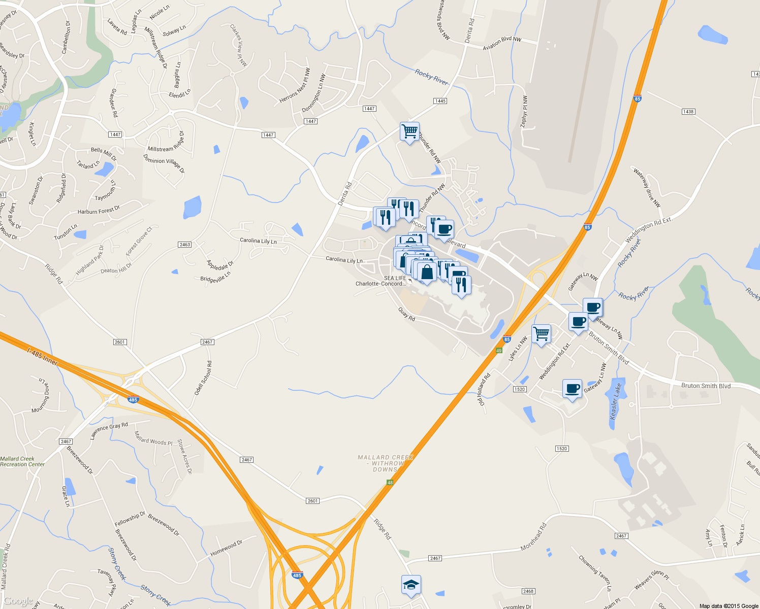 map of restaurants, bars, coffee shops, grocery stores, and more near 8951 Quay Road in Concord