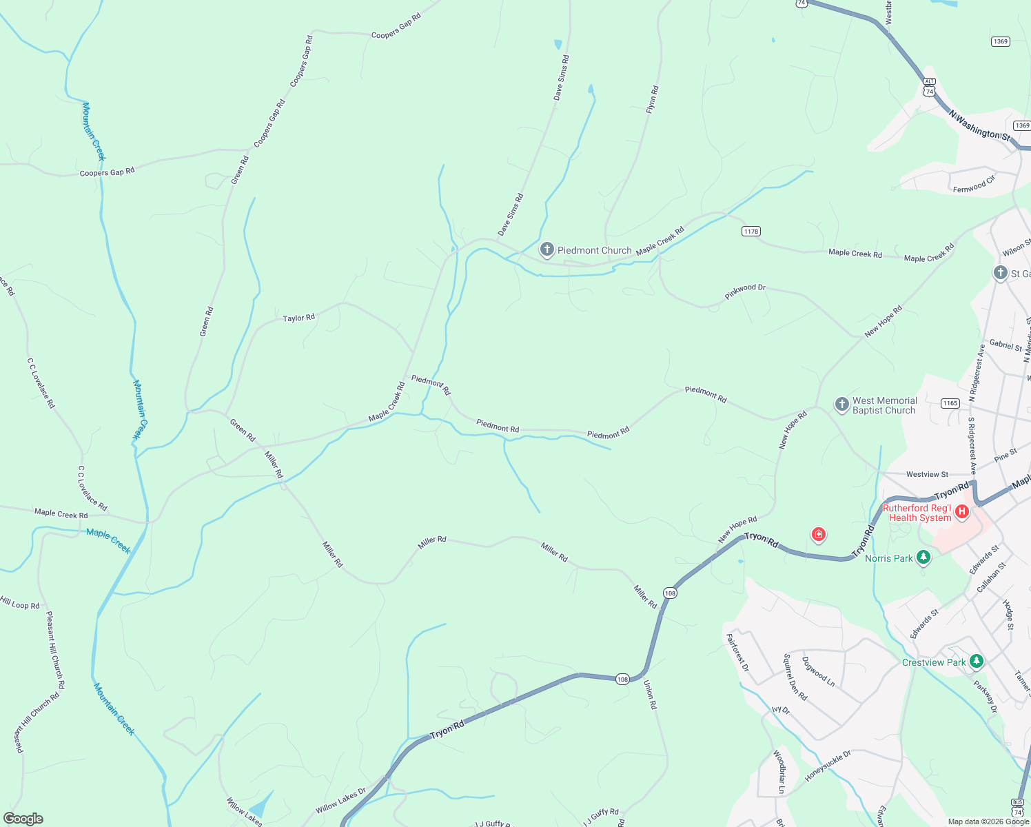 map of restaurants, bars, coffee shops, grocery stores, and more near 994 Piedmont Road in Rutherfordton