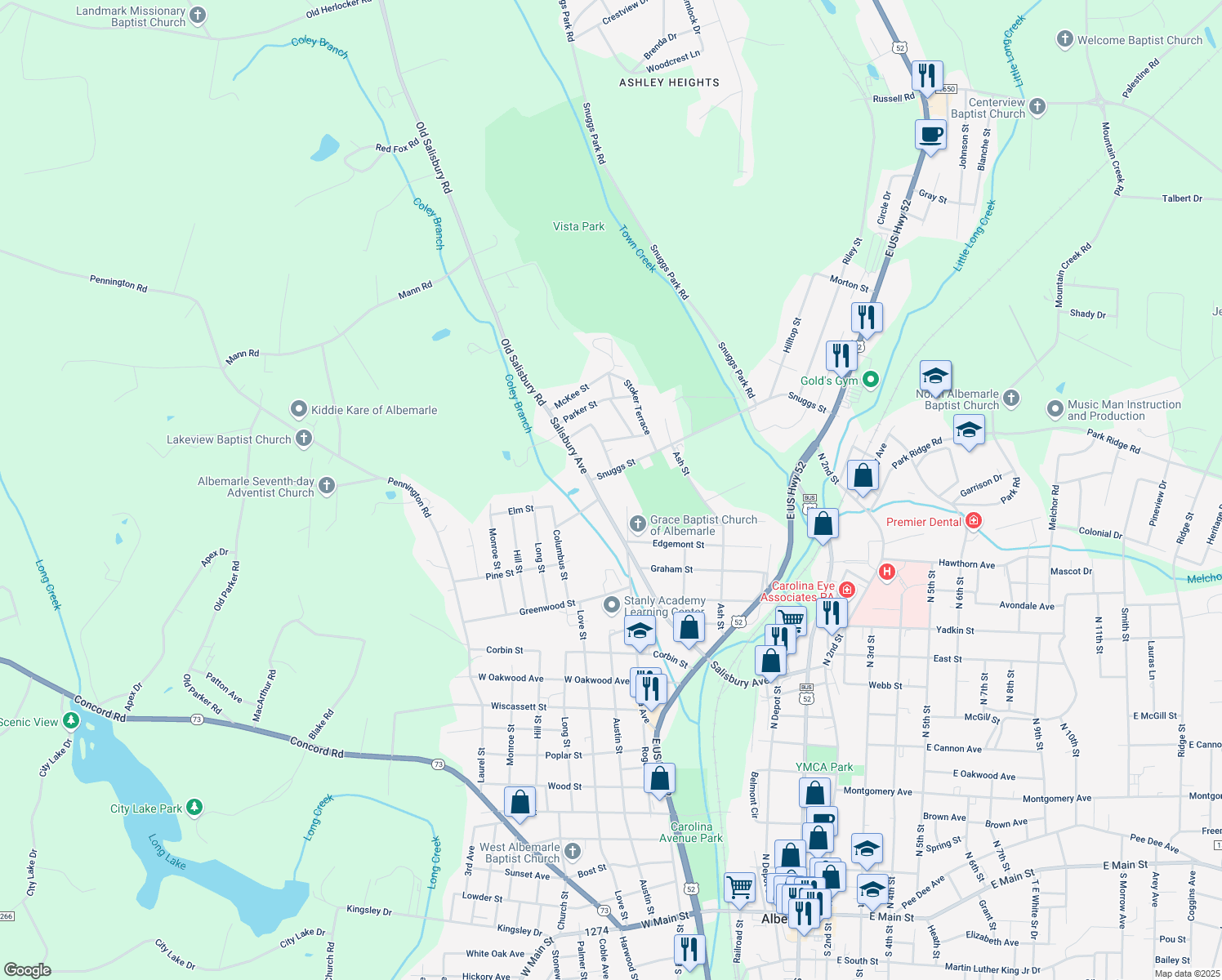 map of restaurants, bars, coffee shops, grocery stores, and more near 1306 Salisbury Avenue in Albemarle