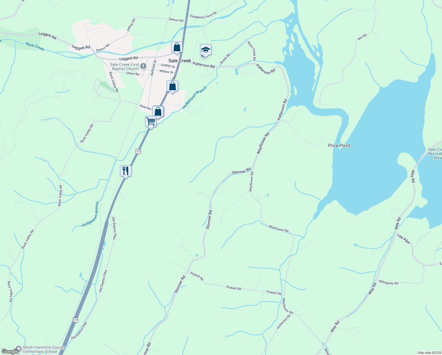 map of restaurants, bars, coffee shops, grocery stores, and more near 14675 Stormer Road in Sale Creek