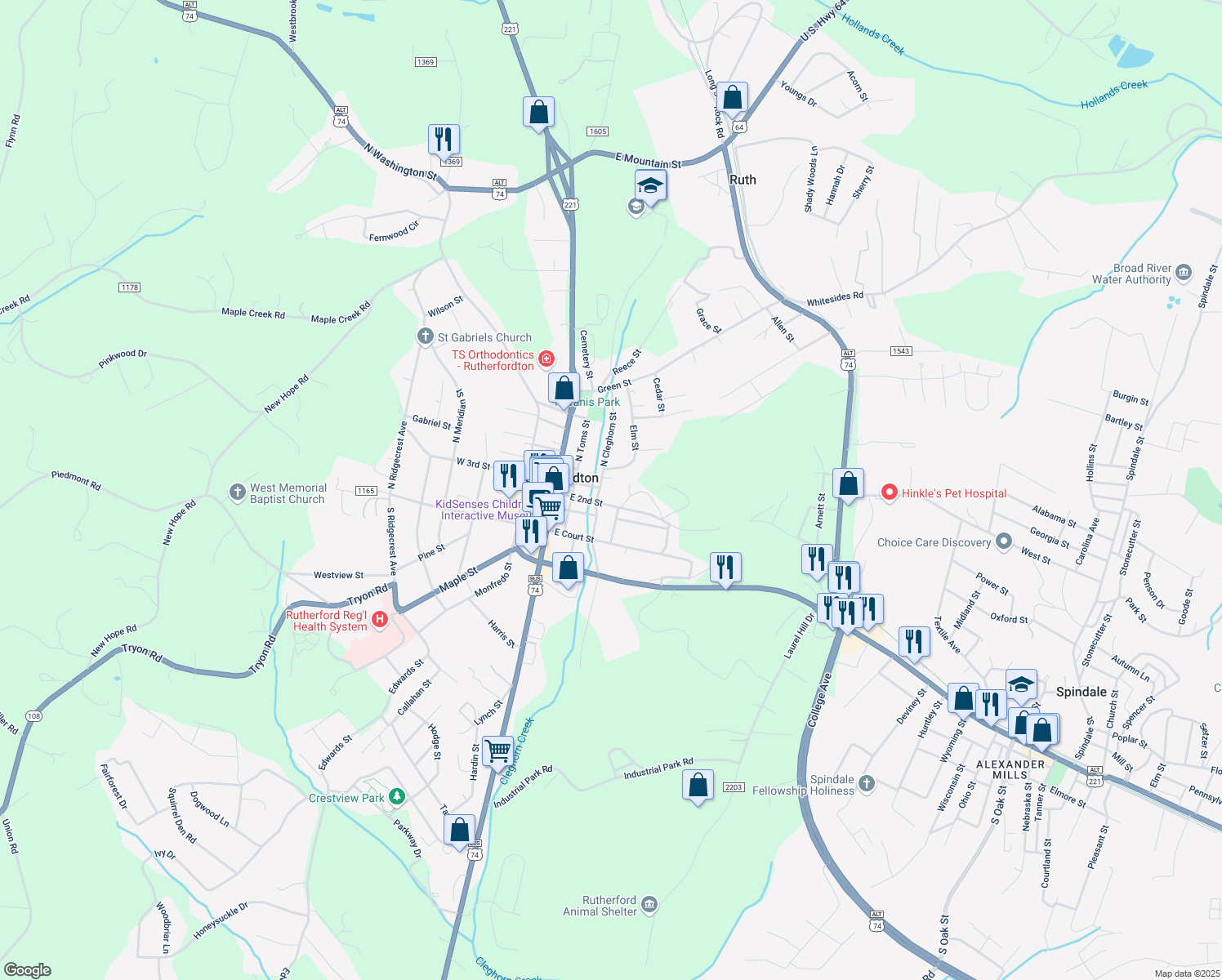 map of restaurants, bars, coffee shops, grocery stores, and more near 230 North Cleghorn Street in Rutherfordton