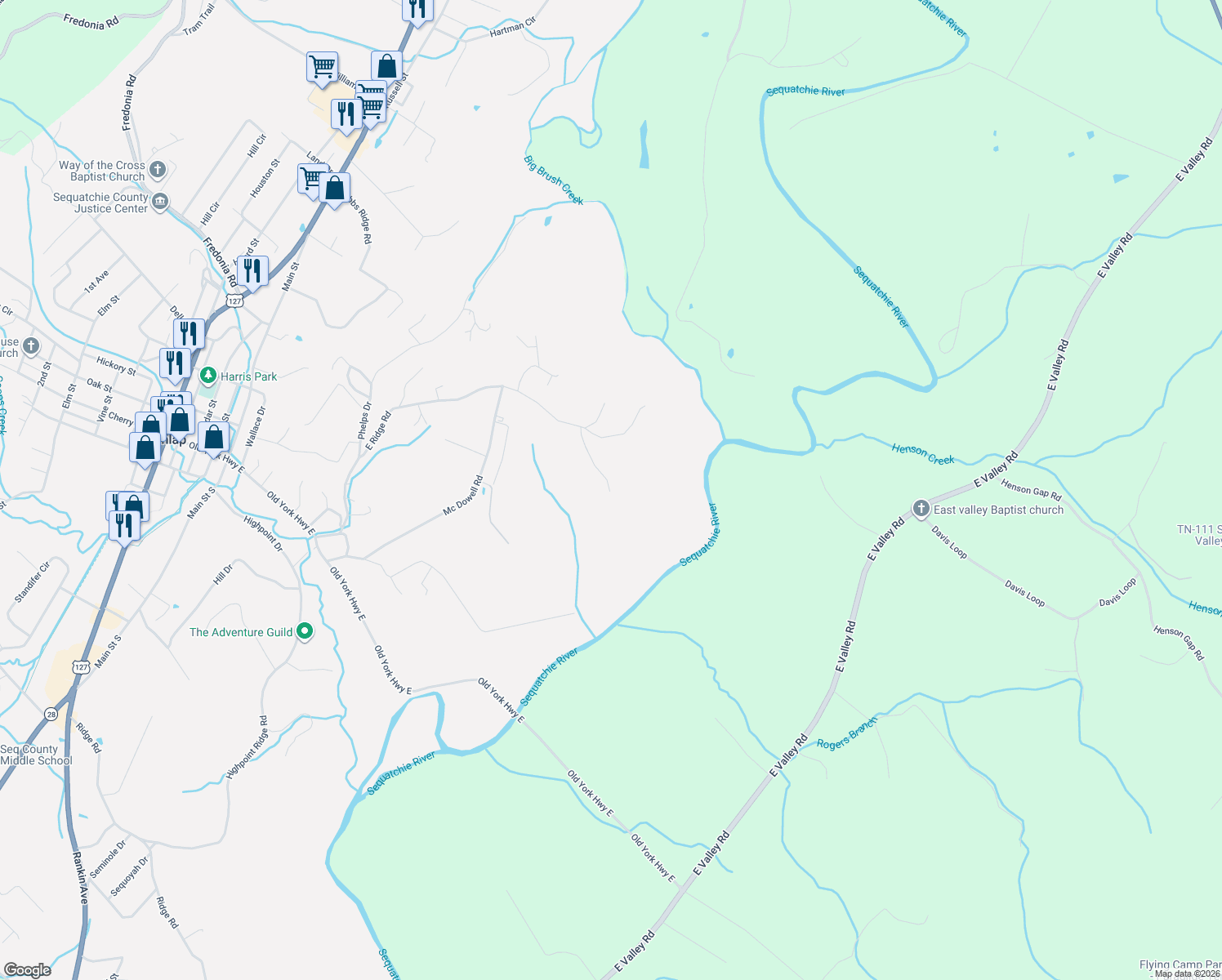 map of restaurants, bars, coffee shops, grocery stores, and more near 138 King Road in Dunlap