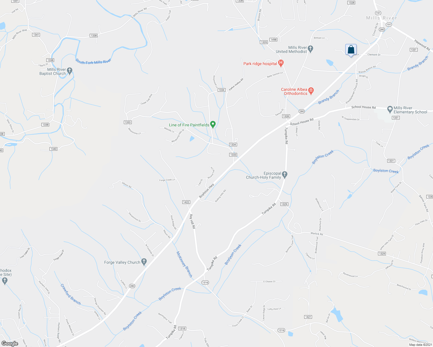 map of restaurants, bars, coffee shops, grocery stores, and more near 70 Round Top Circle in Mills River