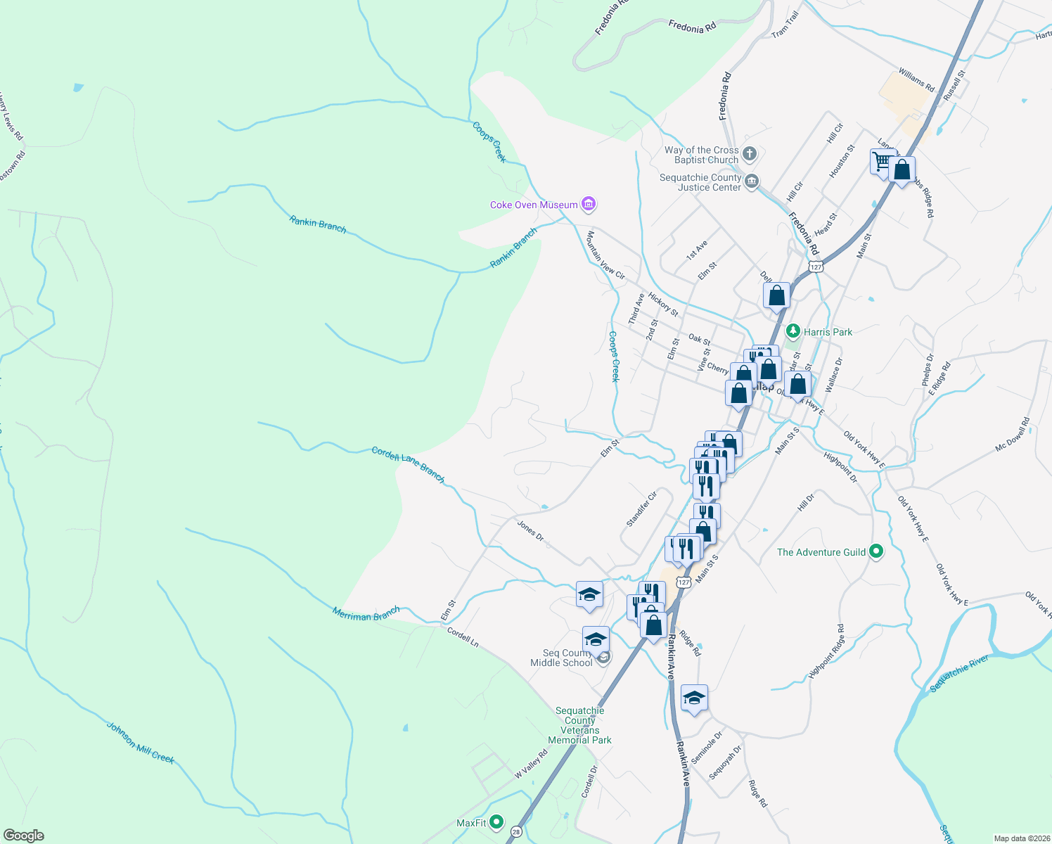 map of restaurants, bars, coffee shops, grocery stores, and more near 34 Scenic Drive in Dunlap