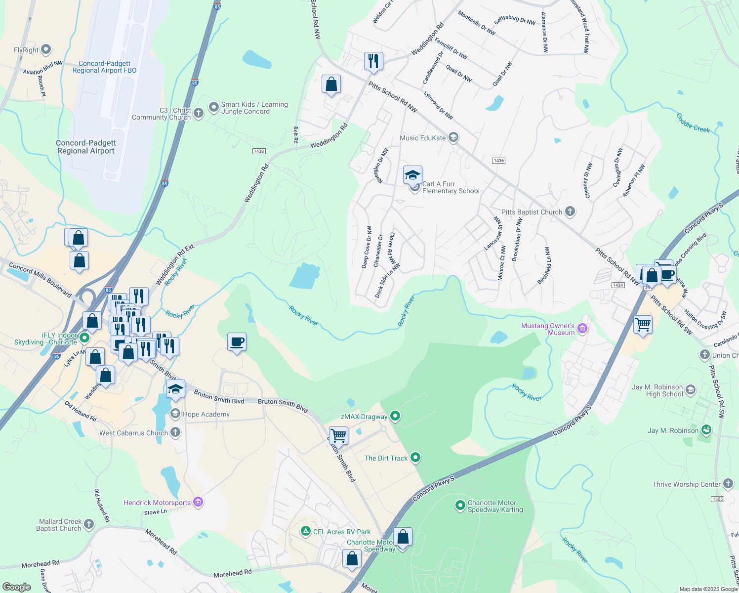 map of restaurants, bars, coffee shops, grocery stores, and more near 563 Clearwater Drive in Concord