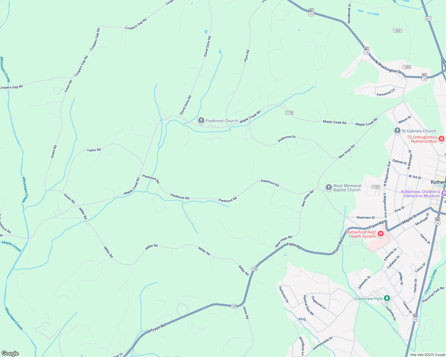 map of restaurants, bars, coffee shops, grocery stores, and more near 664 Piedmont Road in Rutherfordton