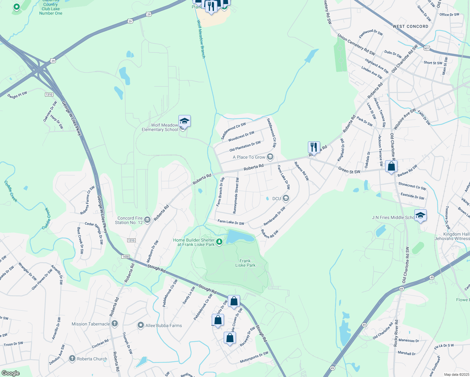 map of restaurants, bars, coffee shops, grocery stores, and more near 3252 Runneymede Street Southwest in Concord