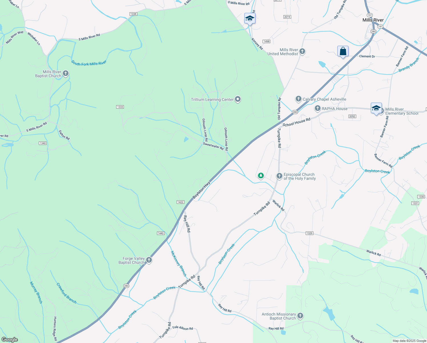 map of restaurants, bars, coffee shops, grocery stores, and more near 6420 Boylston Highway in Mills River