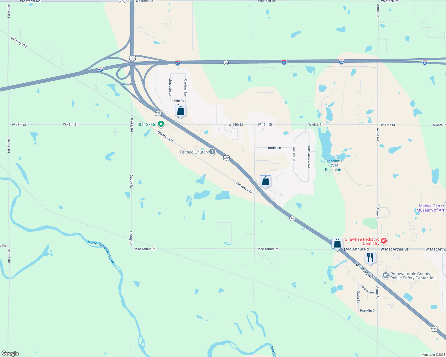 map of restaurants, bars, coffee shops, grocery stores, and more near 37205 West Old Highway 270 in Shawnee