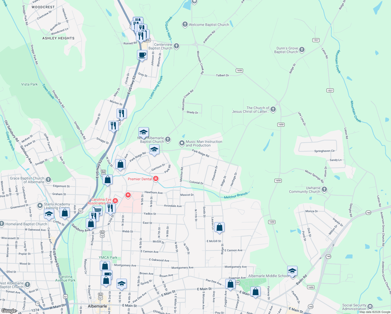 map of restaurants, bars, coffee shops, grocery stores, and more near 1514 Melchor Rd in Albemarle