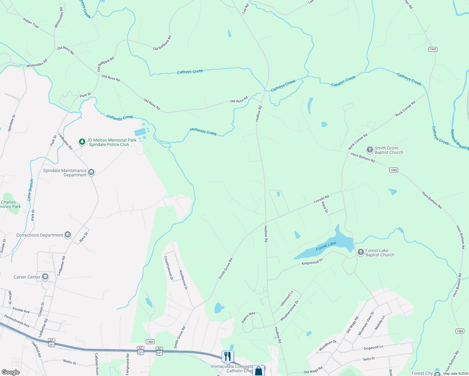 map of restaurants, bars, coffee shops, grocery stores, and more near 250 Burl Bridges Road in Forest City