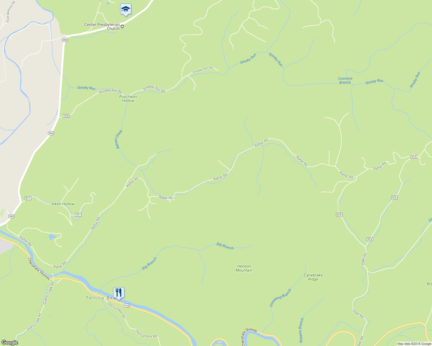 map of restaurants, bars, coffee shops, grocery stores, and more near 655 Rafter Road in Tellico Plains