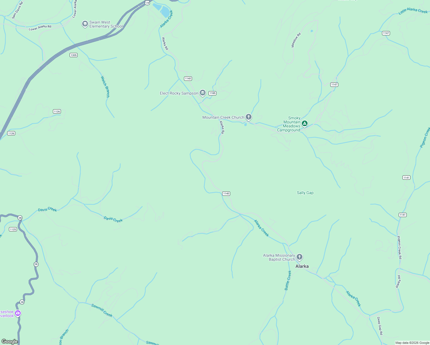 map of restaurants, bars, coffee shops, grocery stores, and more near 1995-2545 State Road 1140 in Bryson City