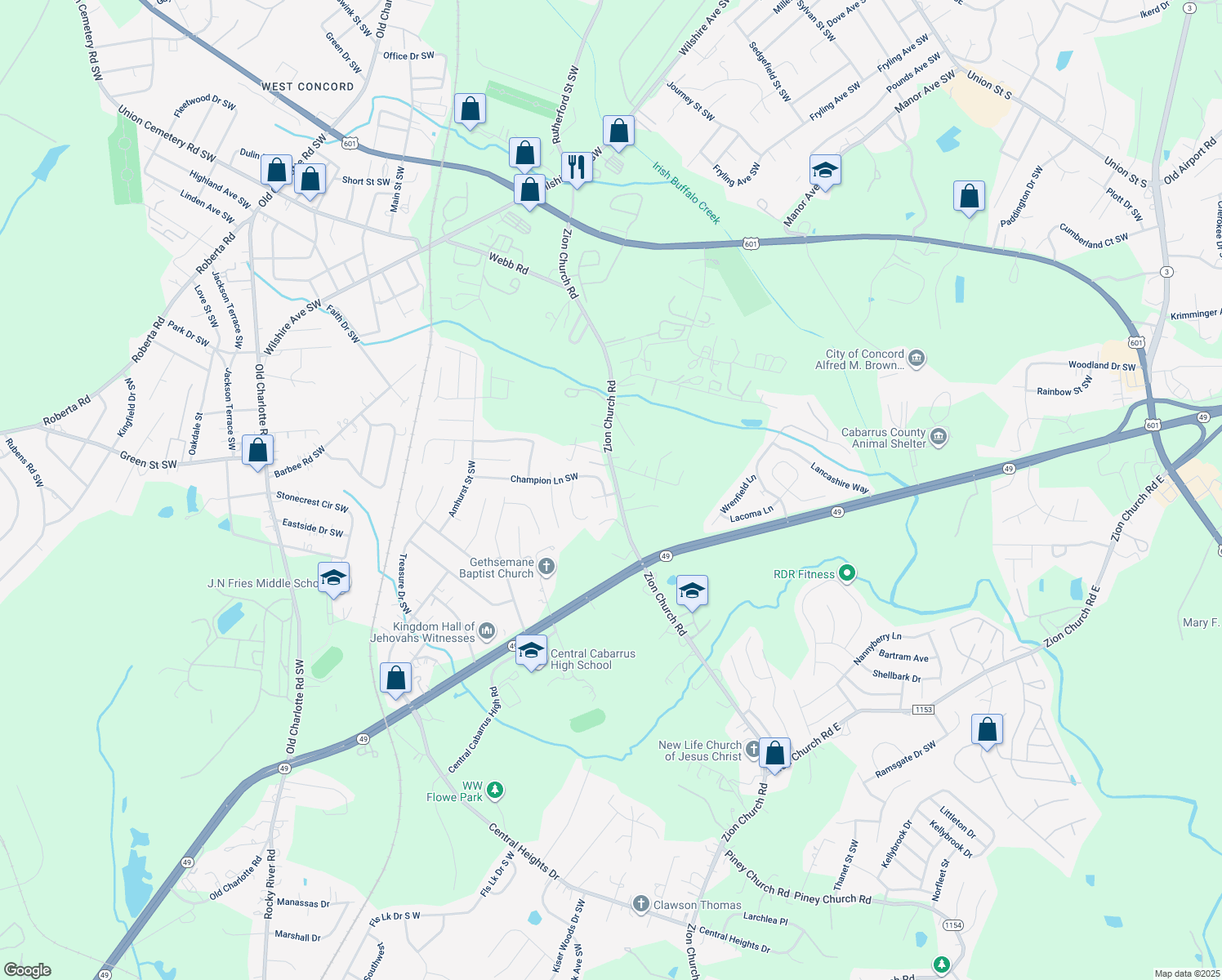 map of restaurants, bars, coffee shops, grocery stores, and more near 3097 Champion Ln SW in Concord