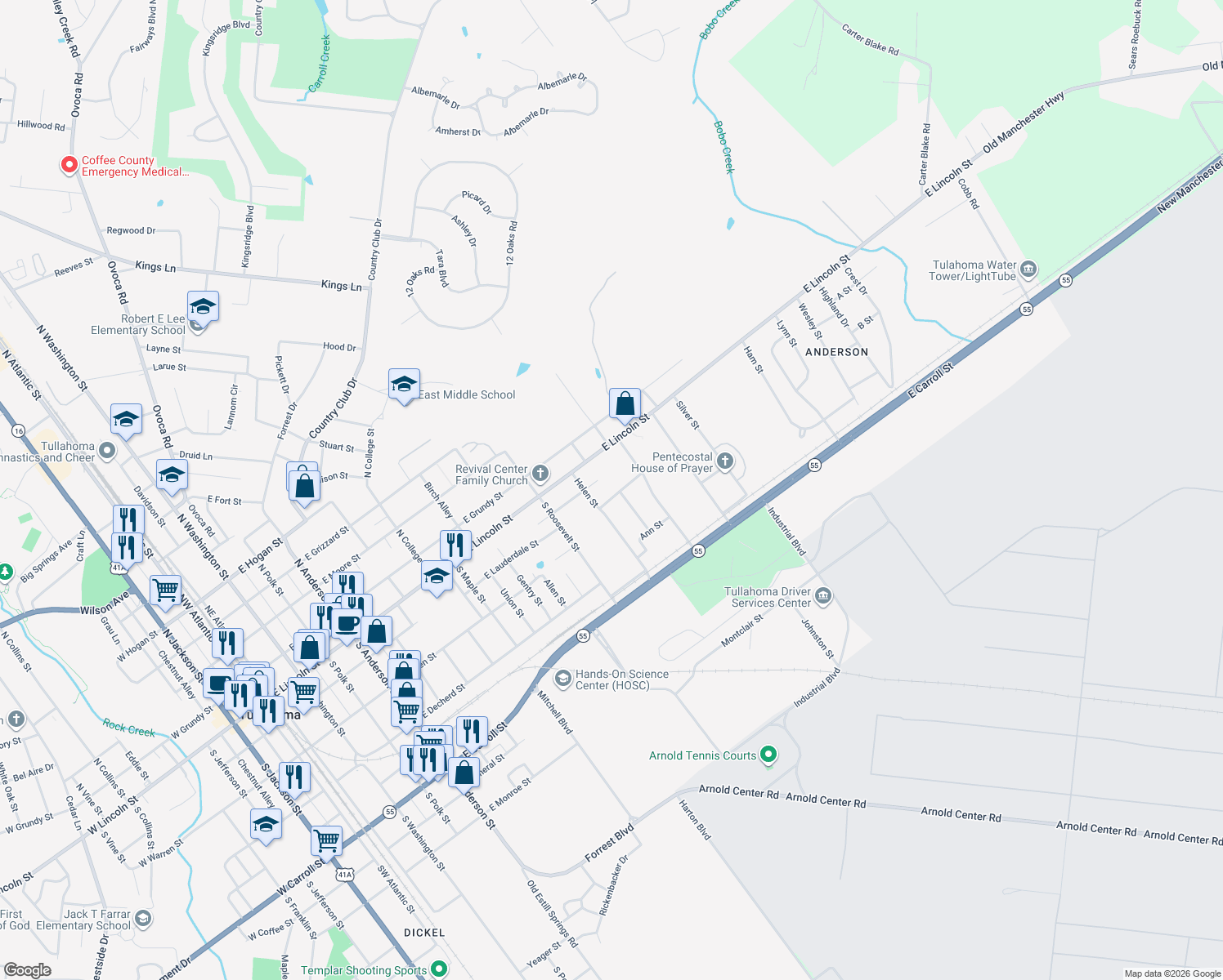 map of restaurants, bars, coffee shops, grocery stores, and more near 905 Leona Avenue in Tullahoma