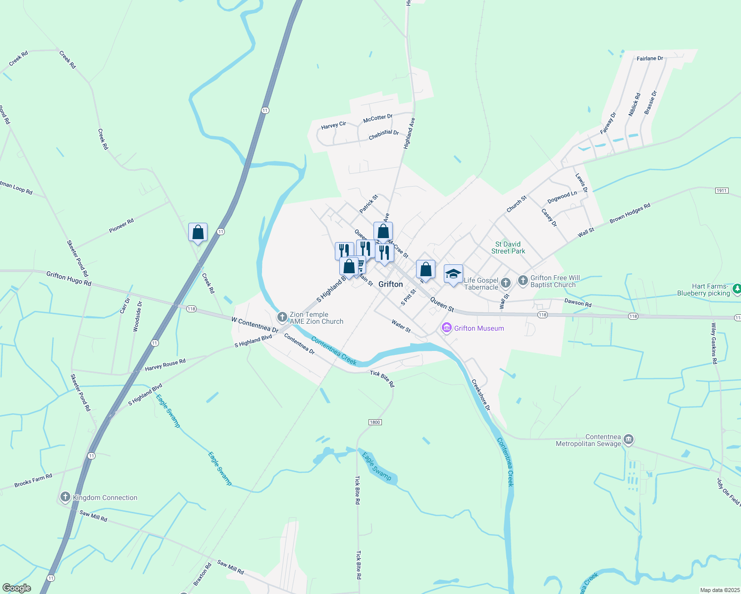 map of restaurants, bars, coffee shops, grocery stores, and more near 502 W Wilson St in Grifton
