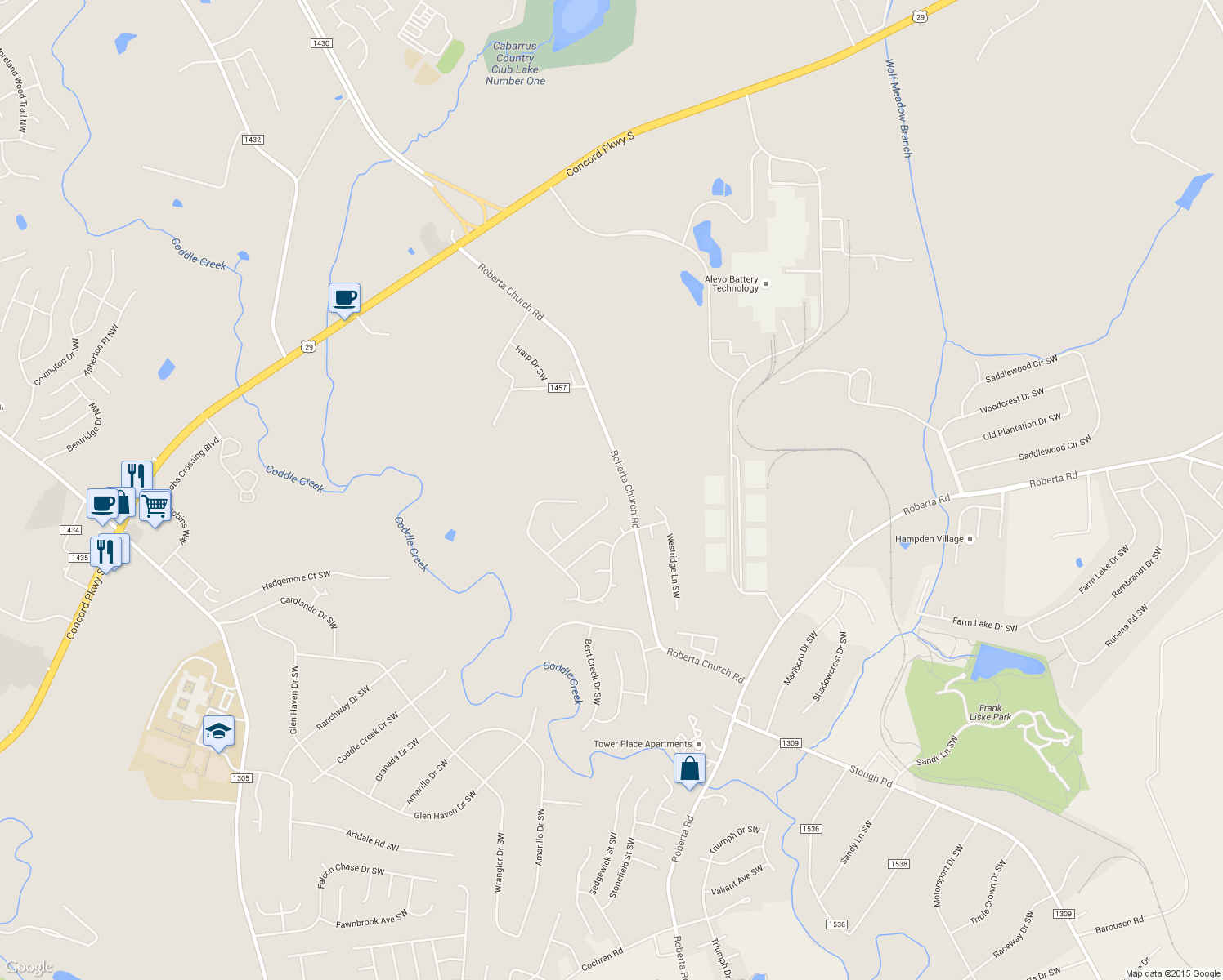 map of restaurants, bars, coffee shops, grocery stores, and more near 3170 Yates Mill Drive Southwest in Concord