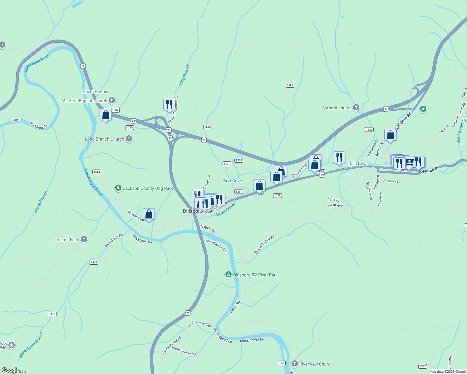 map of restaurants, bars, coffee shops, grocery stores, and more near 1631 Dillsboro Road in Sylva