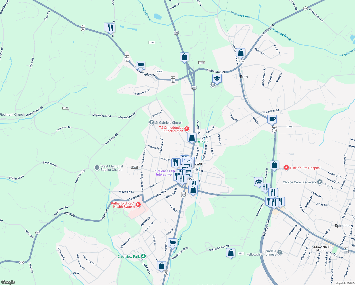 map of restaurants, bars, coffee shops, grocery stores, and more near 190 West 6th Street in Rutherfordton
