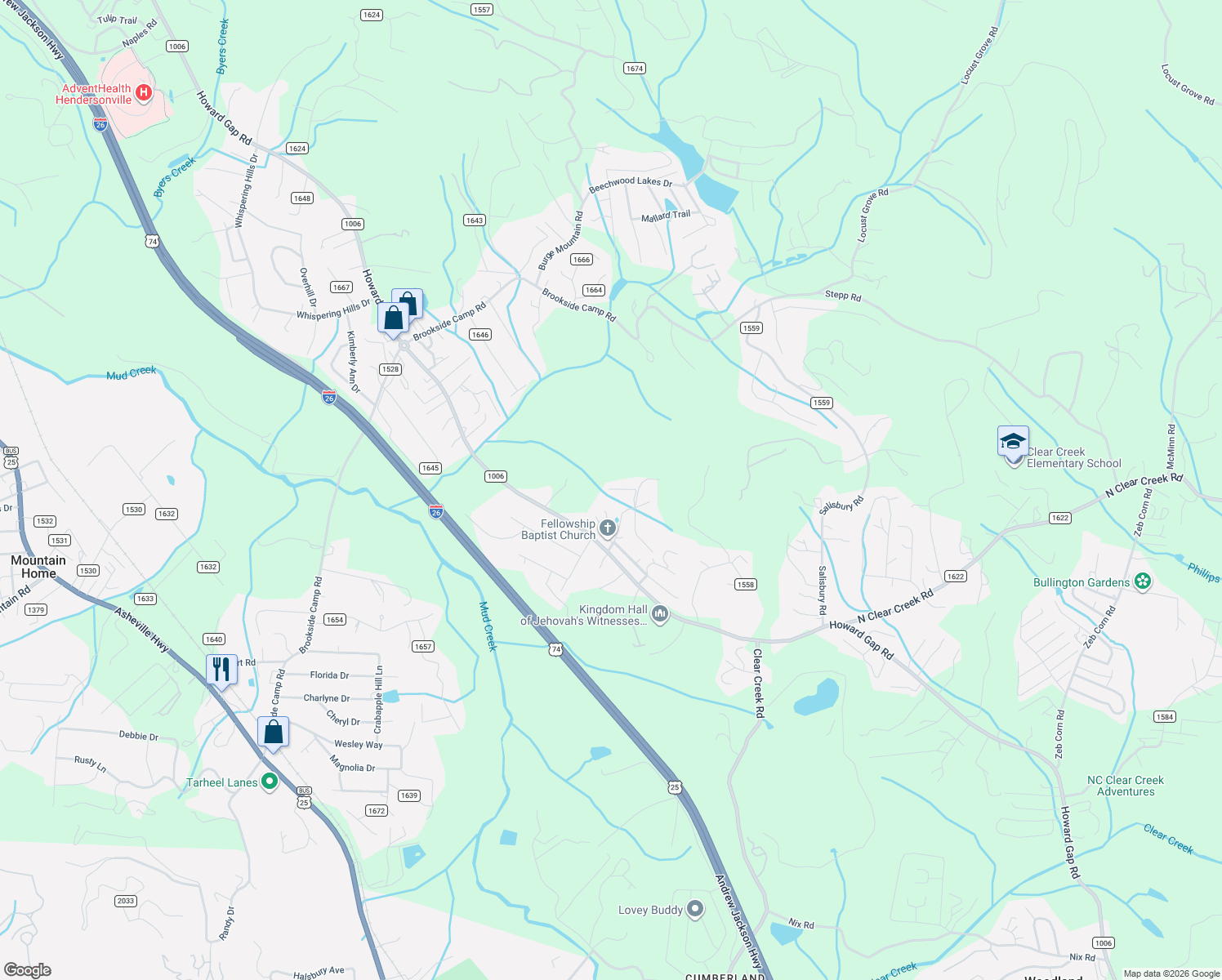 map of restaurants, bars, coffee shops, grocery stores, and more near 129 Fork Ridge Lane in Hendersonville