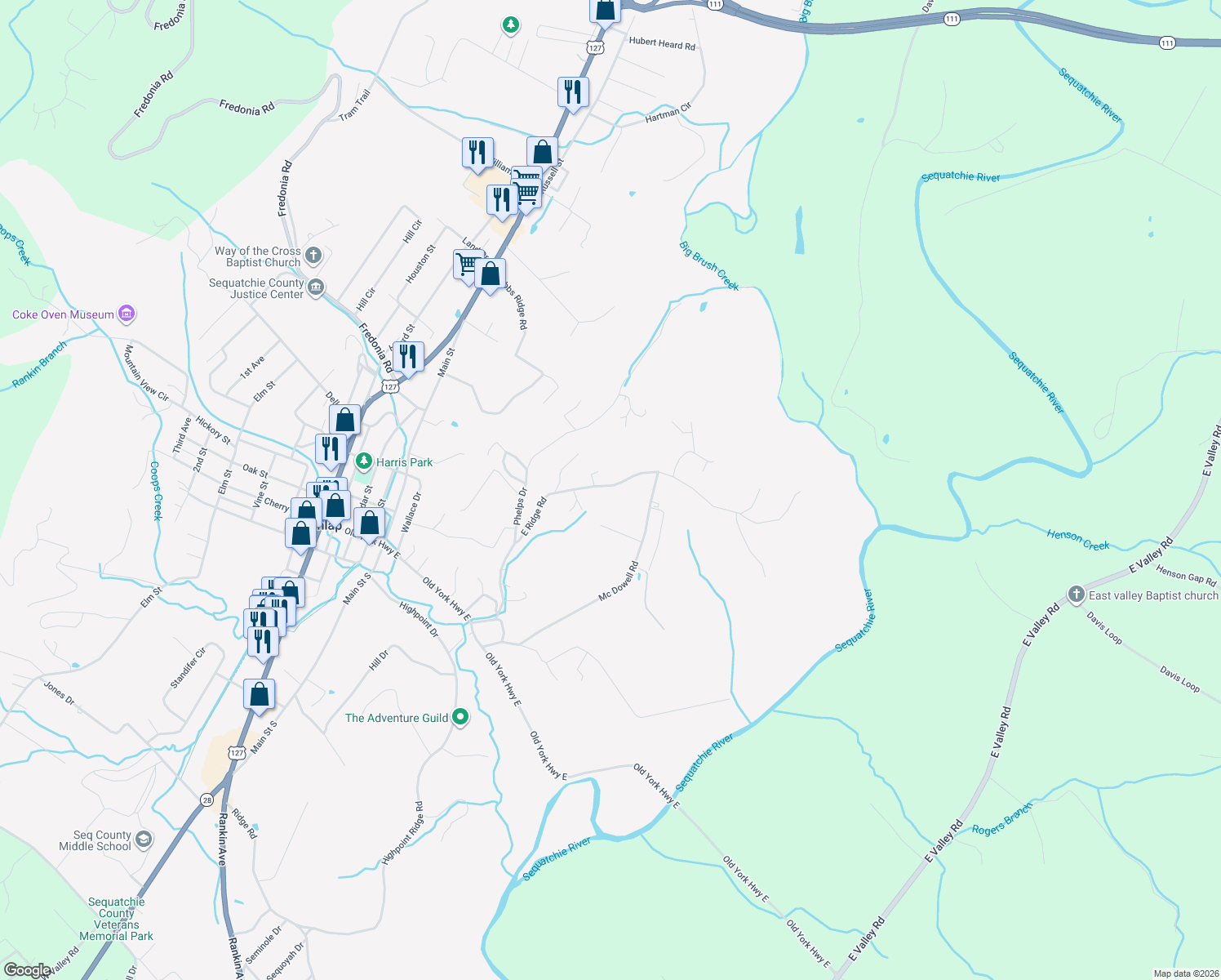 map of restaurants, bars, coffee shops, grocery stores, and more near 654 East Ridge Road in Dunlap