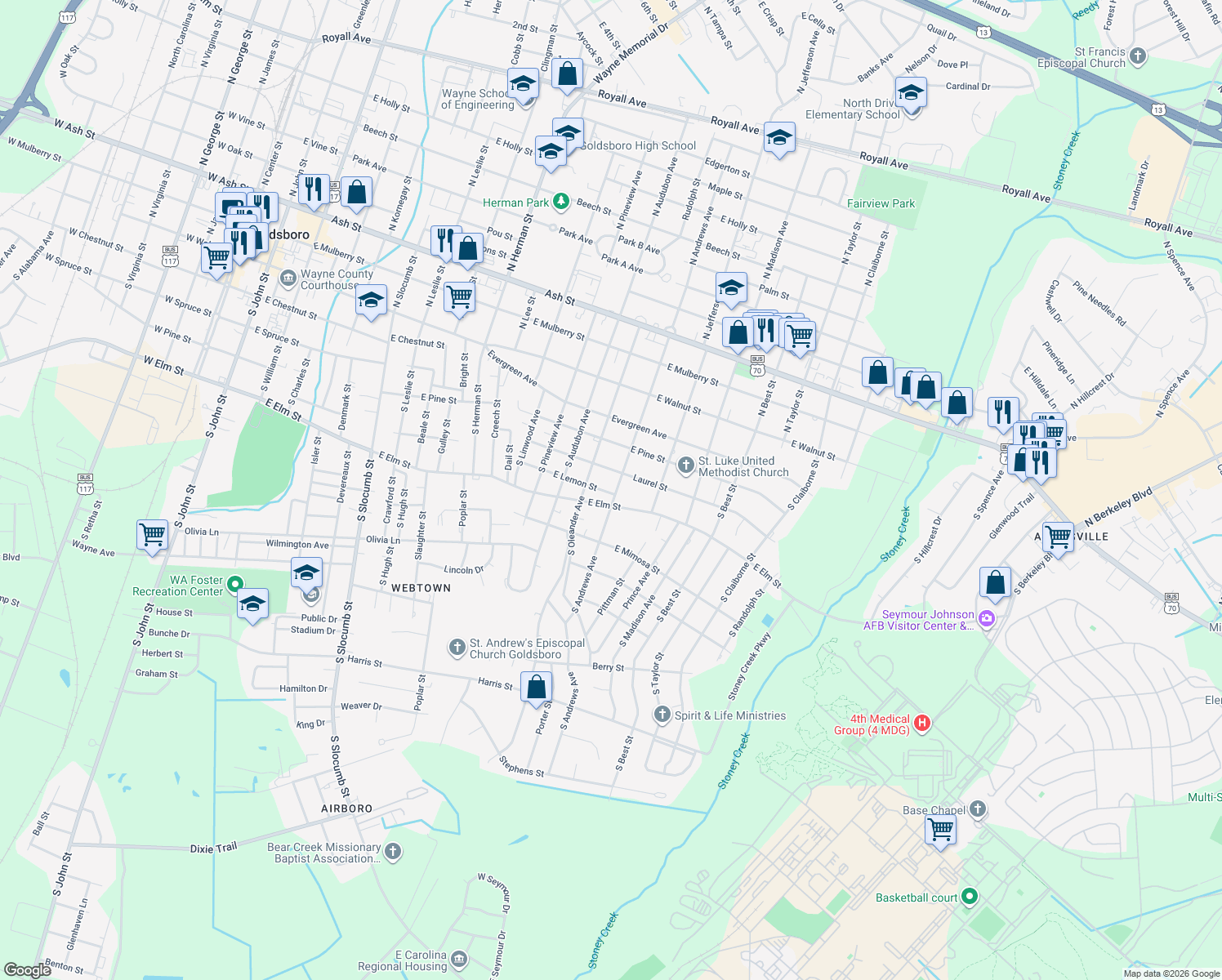 map of restaurants, bars, coffee shops, grocery stores, and more near 409 South Andrews Avenue in Goldsboro