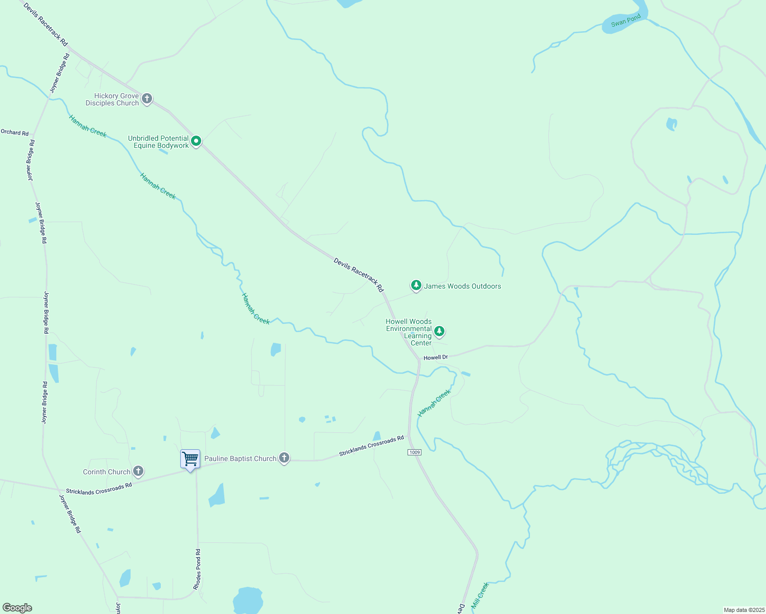 map of restaurants, bars, coffee shops, grocery stores, and more near 6484 Devils Racetrack Road in Four Oaks